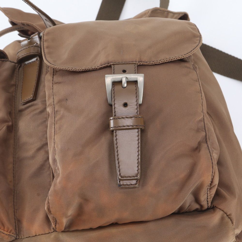 Prada Tessuto Nylon Triangle Logo Leather Backpack Brown — view 9