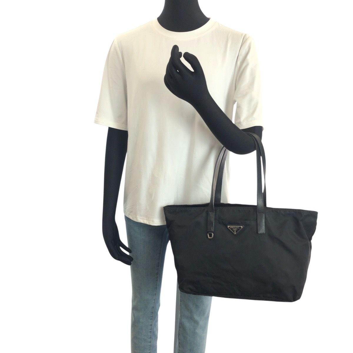 Prada Tessuto Black Silver Nylon Leather Tote — view 7