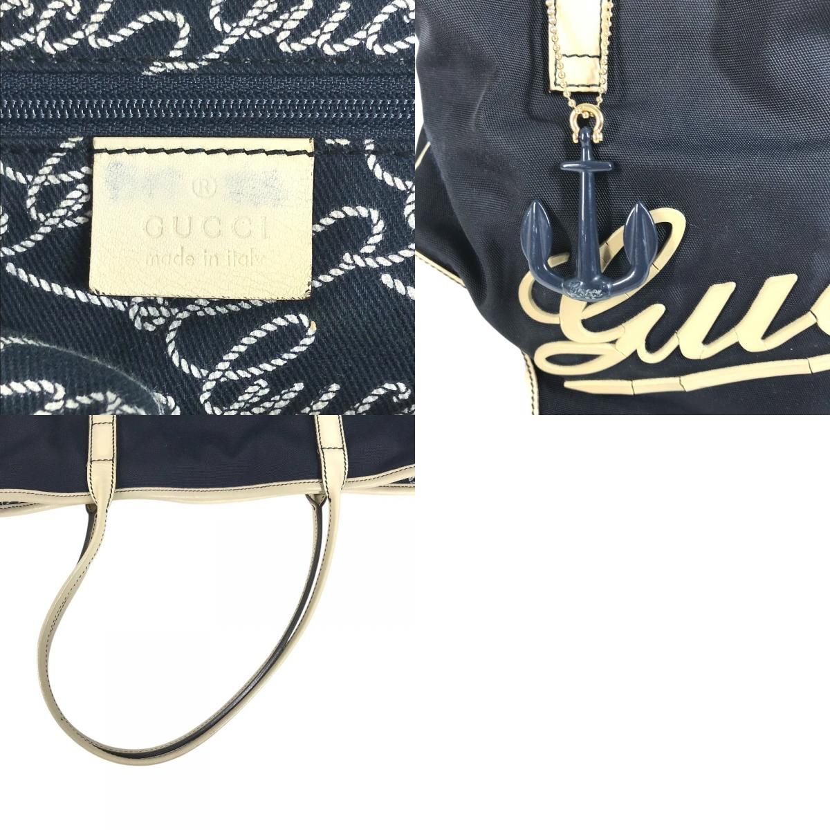 Gucci Shoulder Bag Logo Leather Canvas Navy — view 9