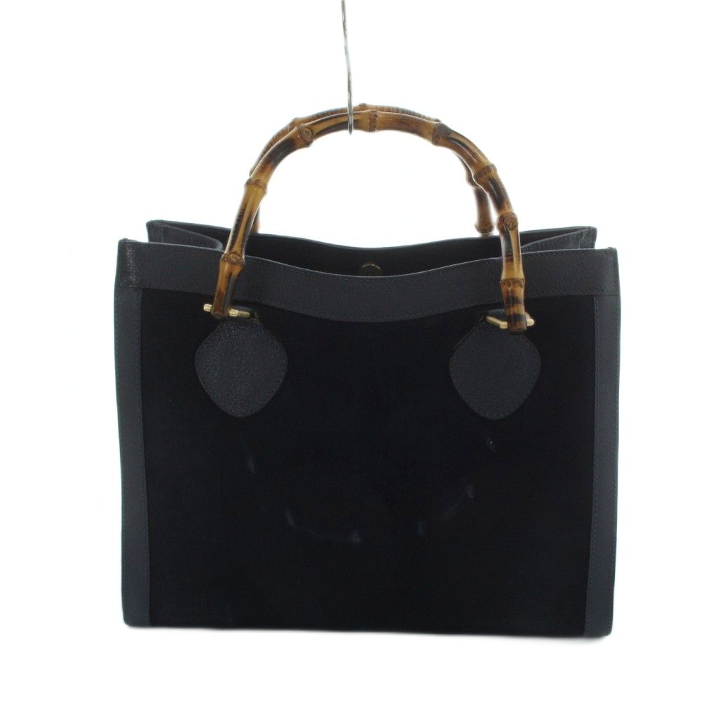 Gucci 002 Bamboo Handbag Tote Suede Logo Navy