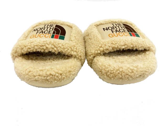 Gucci the North Face Logo Shearling Slide Sandals 36 Beige — view 3
