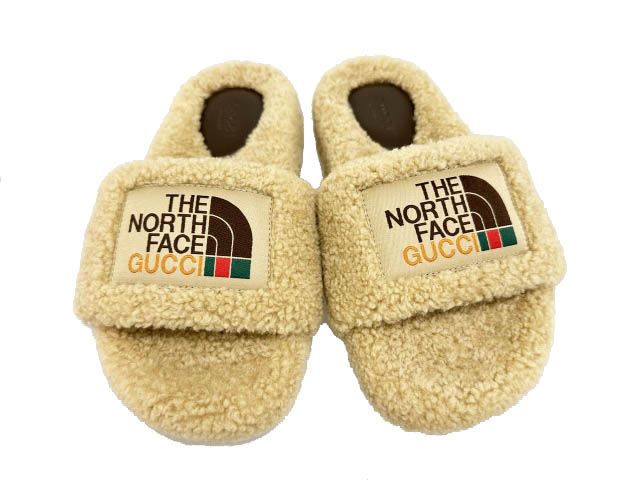 Gucci the North Face Logo Shearling Slide Sandals 36 Beige — view 2