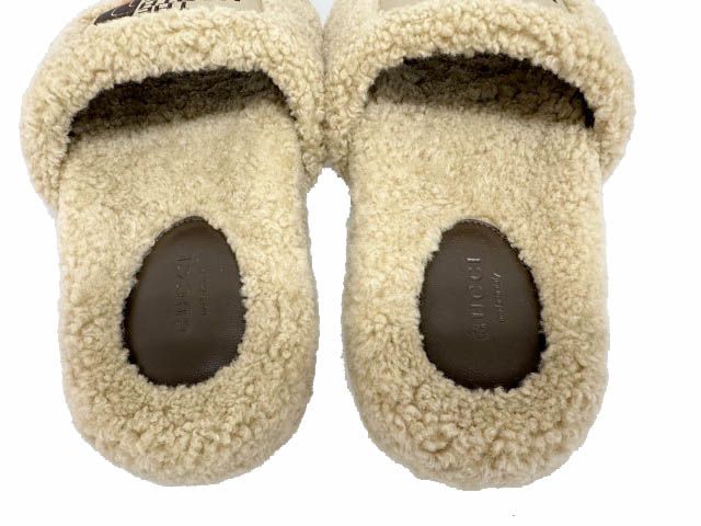 Gucci the North Face Logo Shearling Slide Sandals 36 Beige — view 5
