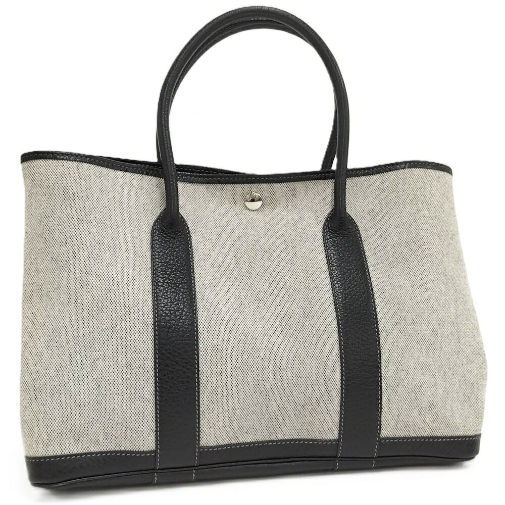 Hermes Garden Party PM Tote Toile Ash Leather Navy Ivory