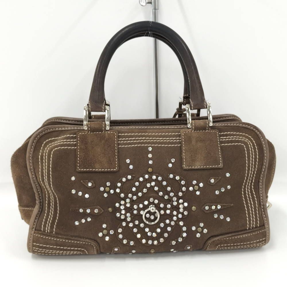 Loewe Amazona 28 Handbag Rhinestone Studs Suede Brown — view 2