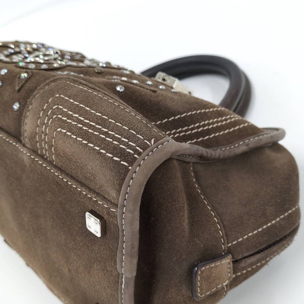 Loewe Amazona 28 Handbag Rhinestone Studs Suede Brown — view 3