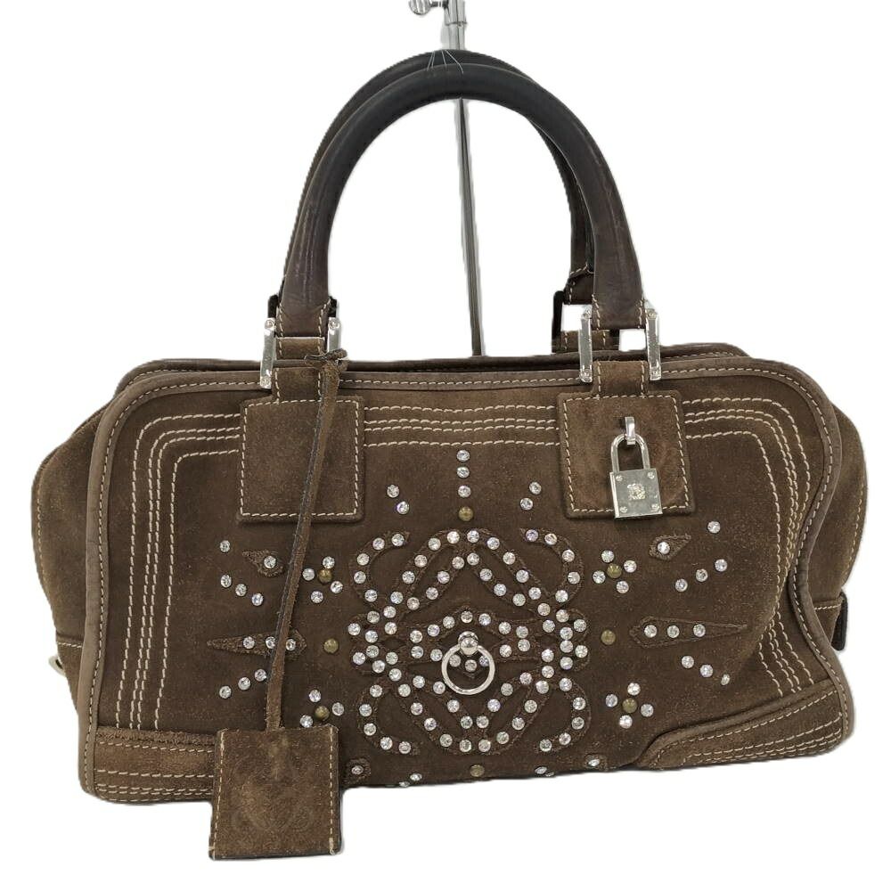 Loewe Amazona 28 Handbag Rhinestone Studs Suede Brown