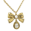 Chanel Necklace Ribbon CC Logo Rhinestone Plated Gold 25k