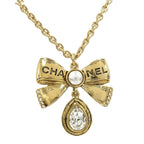 Chanel Necklace Ribbon CC Logo Rhinestone Plated Gold 25k