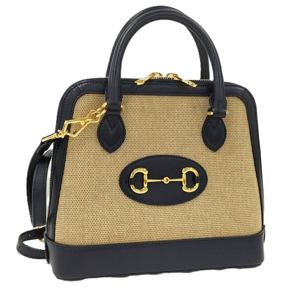 Gucci 2-Way Shoulder Bag Horsebit Canvas Leather Beige Navy