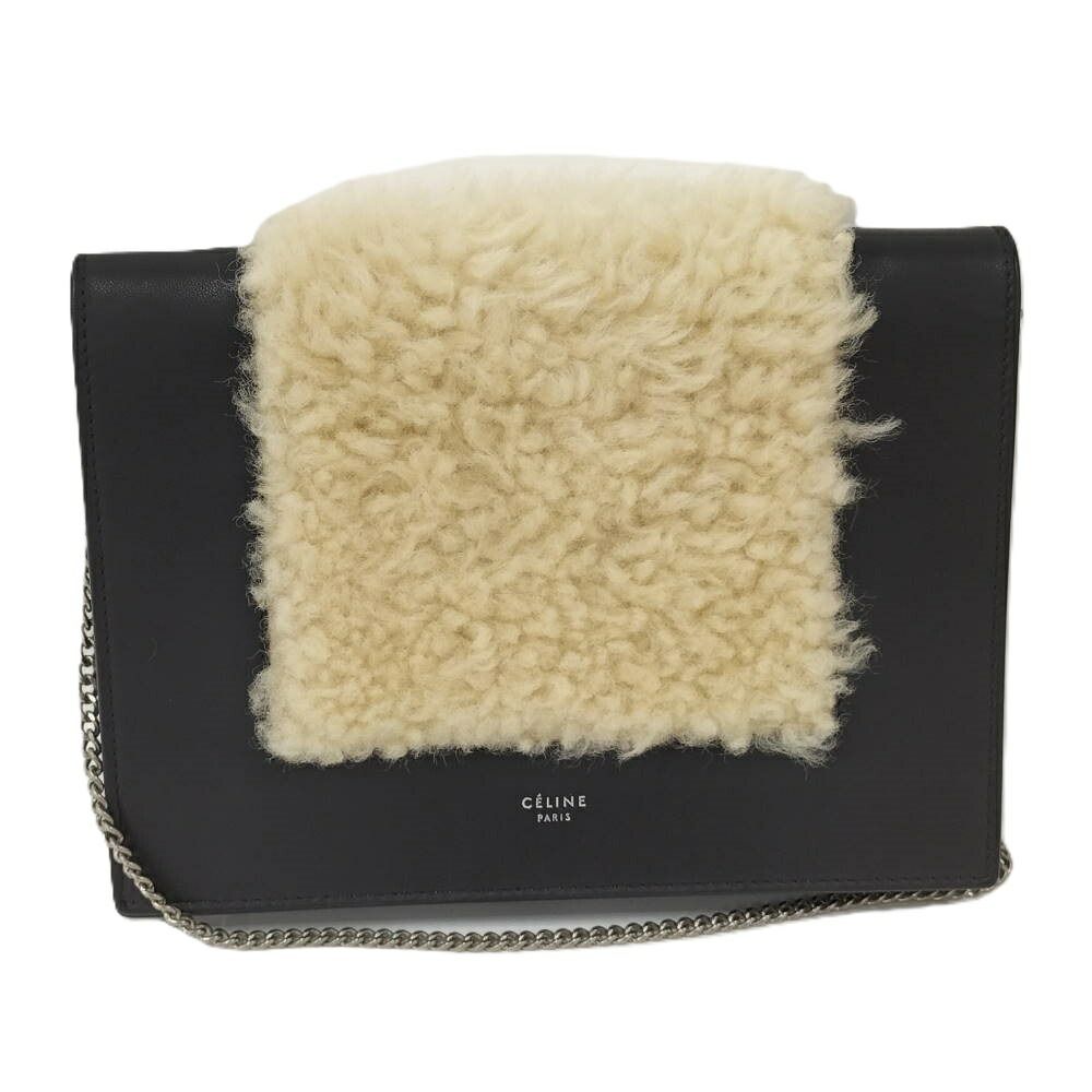 Celine Frame Chain Shoulder Wallet Fleece Leather Black