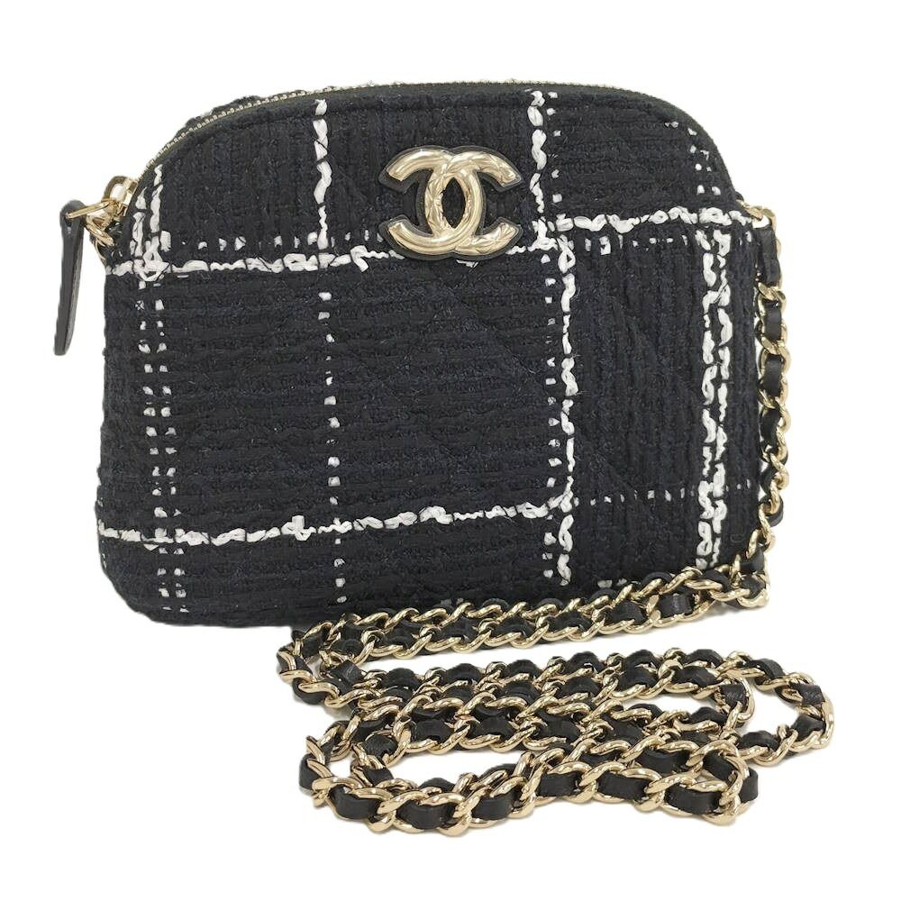 Chanel Chain Shoulder Bag CC Logo Tweed Black
