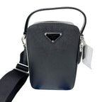 Prada Shoulder Bag Triangle Logo Black Saffiano White Tag Silver
