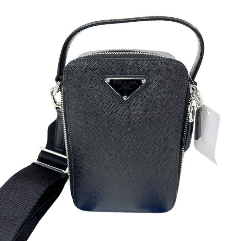 Prada Shoulder Bag Triangle Logo Black Saffiano White Tag Silver
