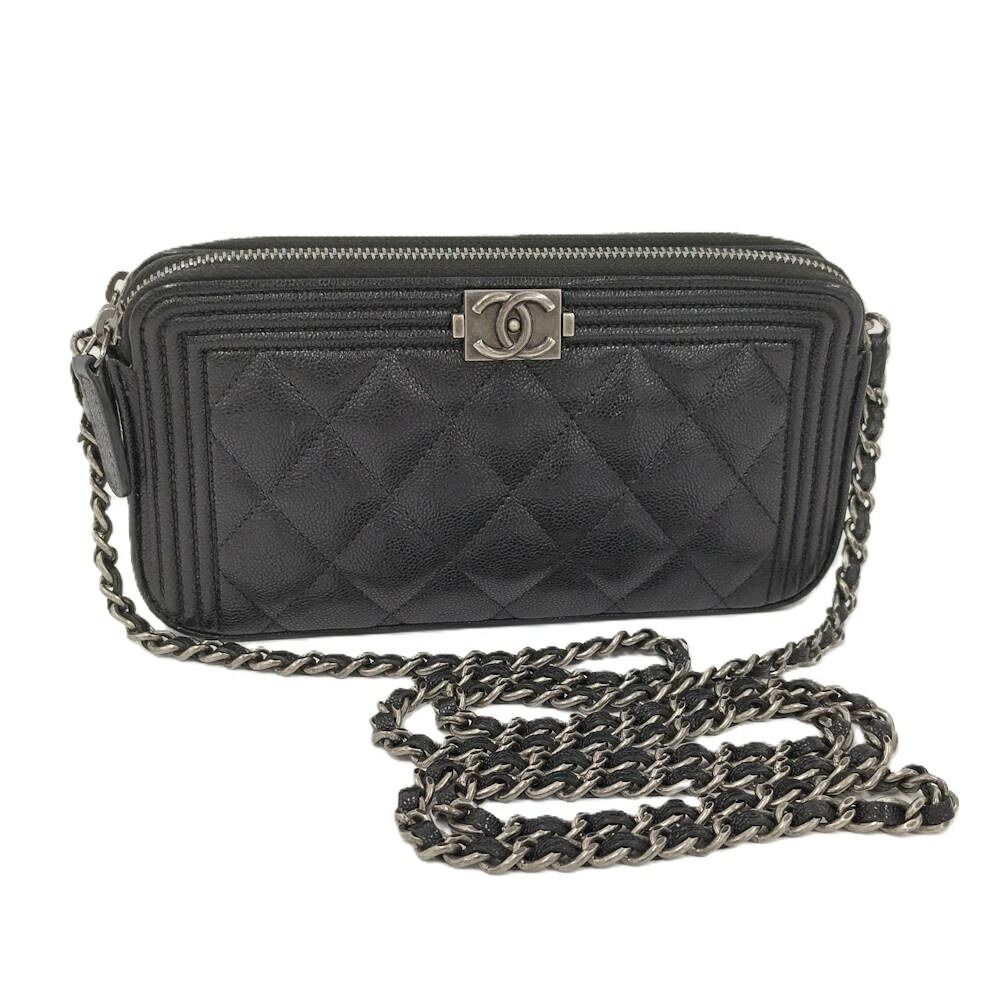 Chanel Boy Chain Wallet Leather Black Shoulder