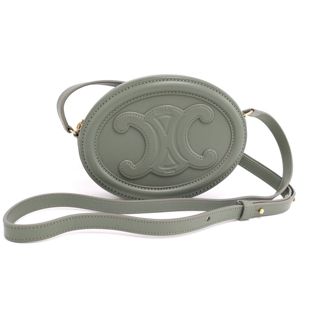 Celine Oval Pass Triomphe Shoulder Bag Leather Khaki