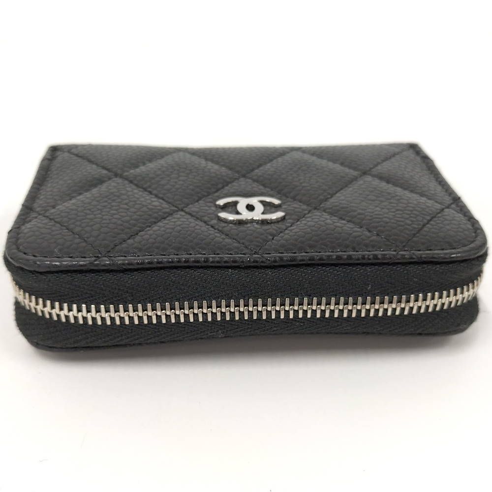 Chanel Classic Zip Coin Purse Card Holder Quilted Silver Caviar Leather Black — view 6