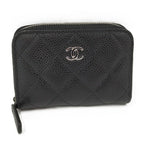 Chanel Classic Zip Coin Purse Card Holder Quilted Silver Caviar Leather Black