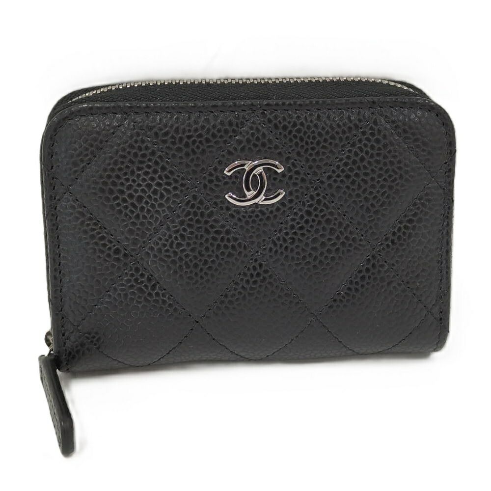 Chanel Classic Zip Coin Purse Card Holder Quilted Silver Caviar Leather Black