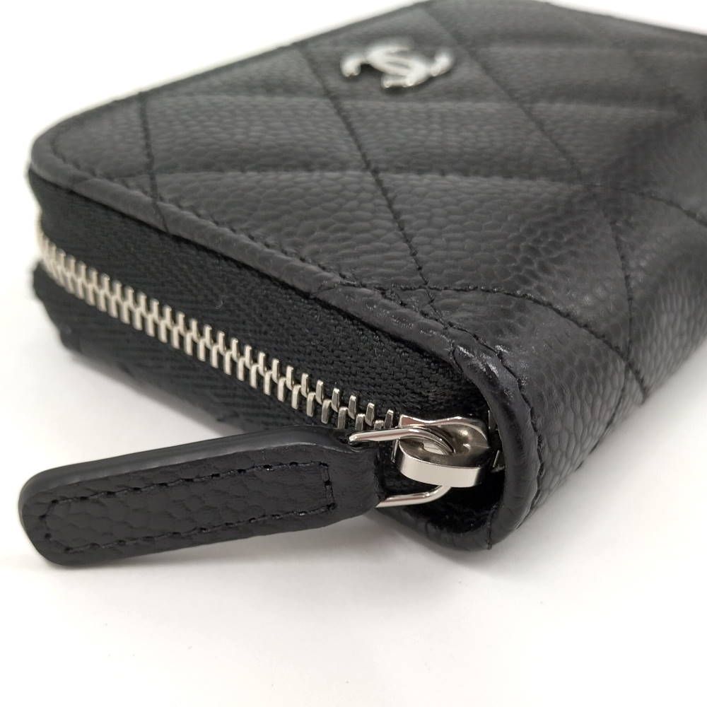Chanel Classic Zip Coin Purse Card Holder Quilted Silver Caviar Leather Black — view 5