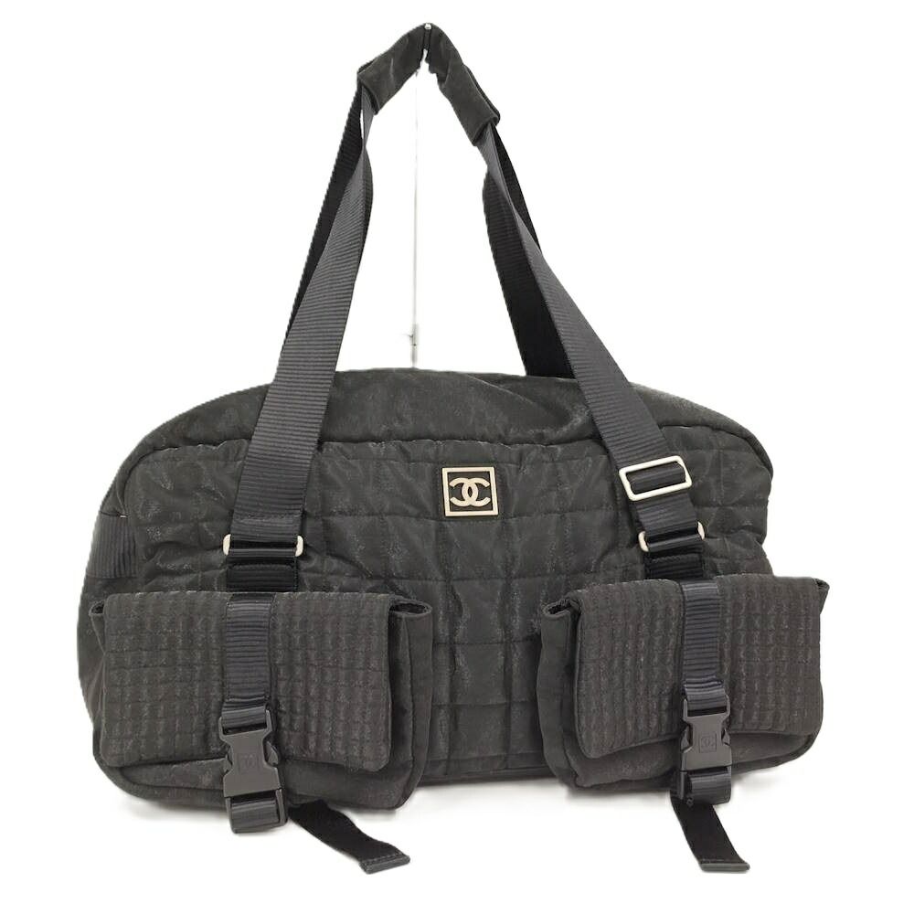 Chanel Boston Bag Sports Line Chocobar Stitch Logo Nylon Canvas Black