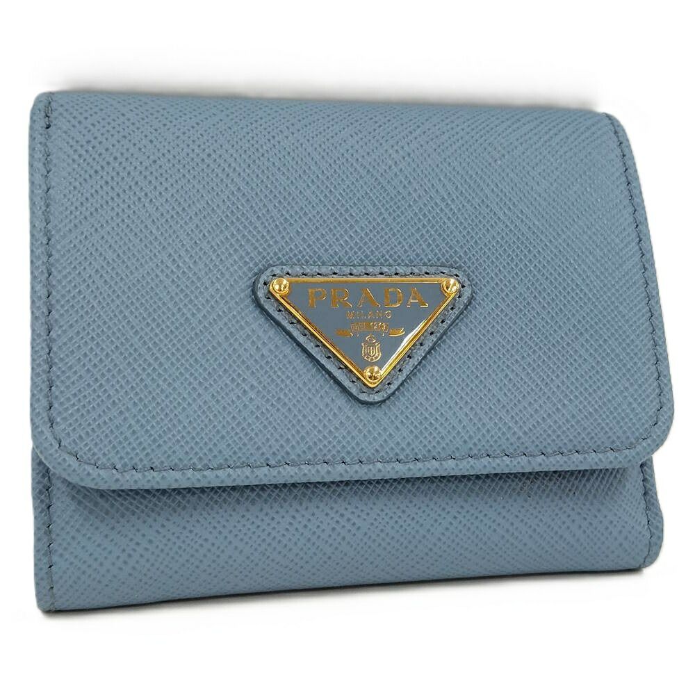 Prada Saffiano Triangle Astral Blue Trifold Wallet