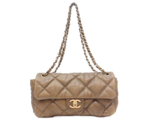 Chanel Vintage Brown Calf Bubble Quilt Gold Chain Shoulder
