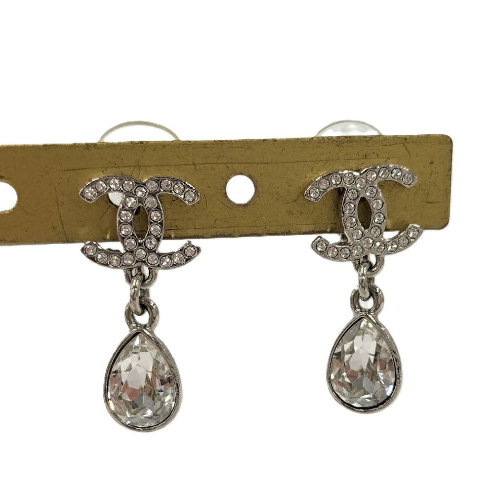 Chanel Earrings CC Logo Rhinestone Plated Silver