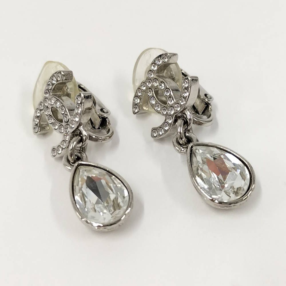 Chanel Earrings CC Logo Rhinestone Plated Silver — view 4