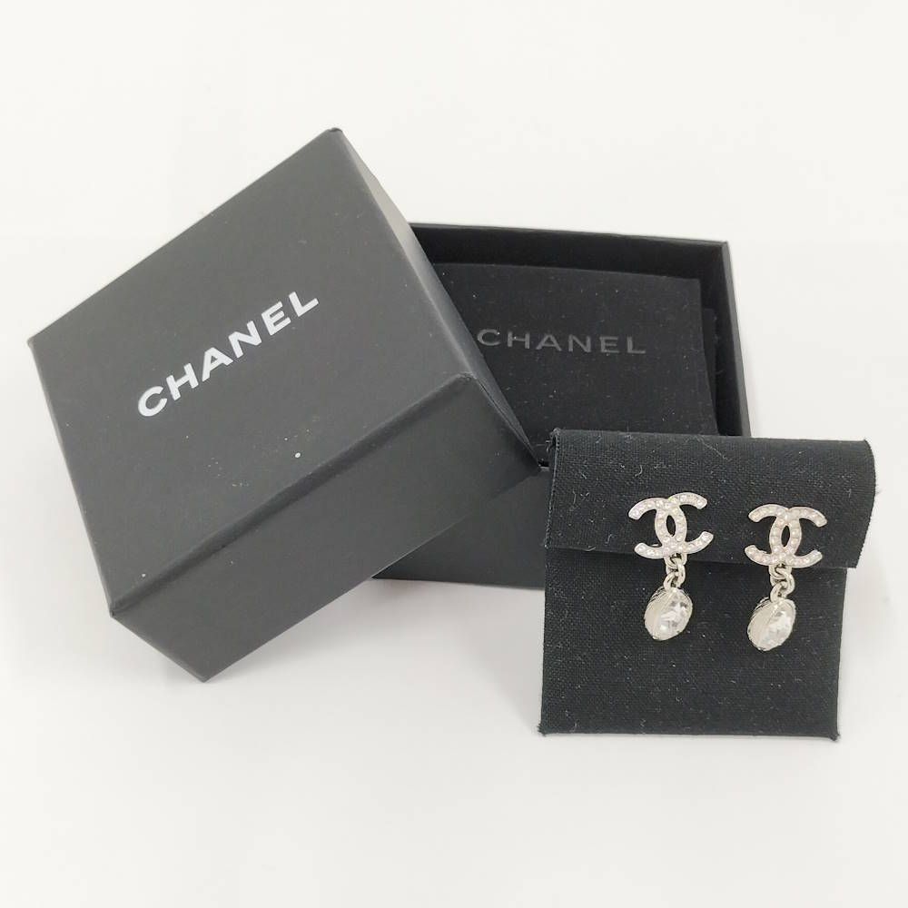 Chanel Earrings CC Logo Rhinestone Plated Silver — view 9