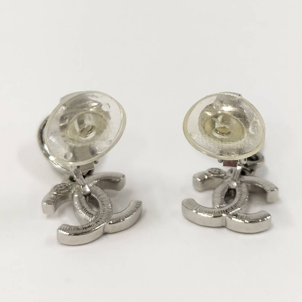 Chanel Earrings CC Logo Rhinestone Plated Silver — view 7