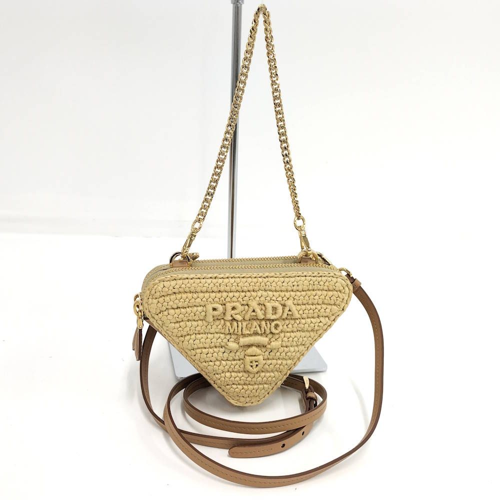 Prada Crochet Mini Pouch Chain Shoulder Bag Raffia Leather Beige