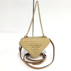 Prada Crochet Mini Pouch Chain Shoulder Bag Raffia Leather Beige
