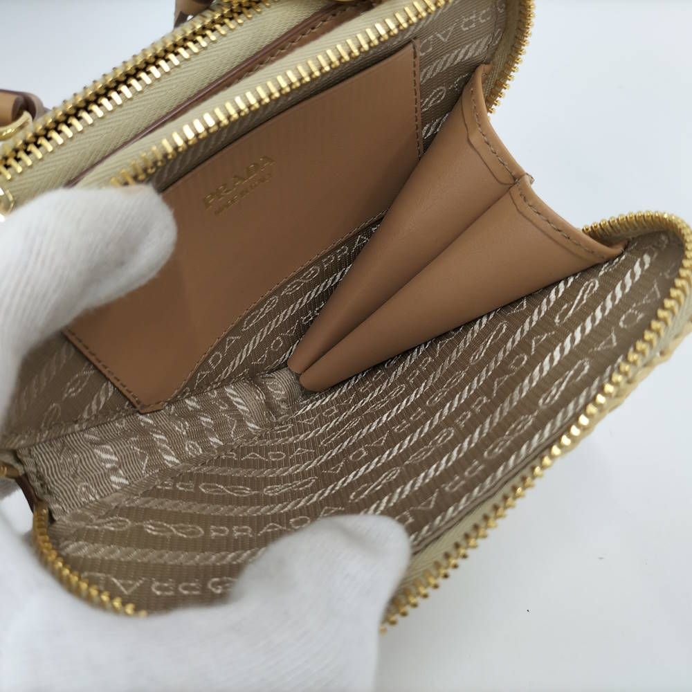Prada Crochet Mini Pouch Chain Shoulder Bag Raffia Leather Beige — view 8