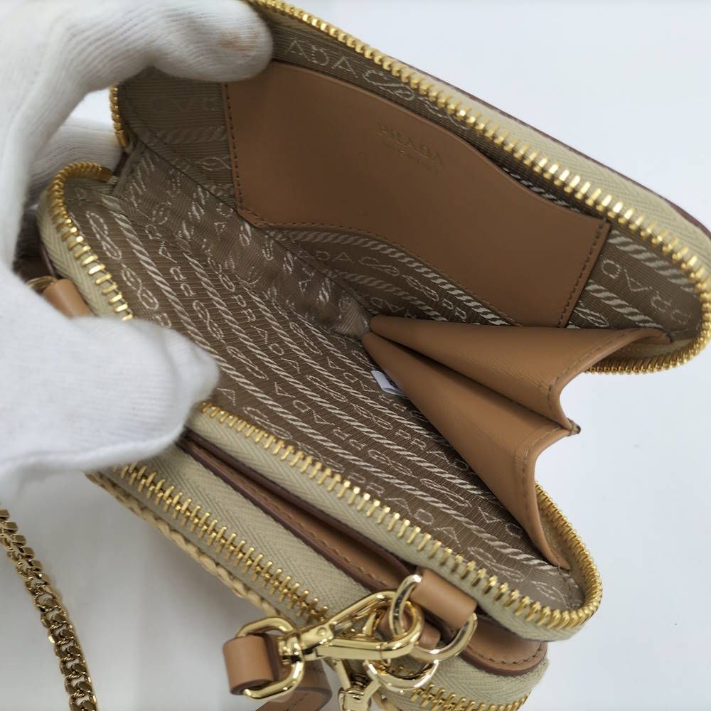 Prada Crochet Mini Pouch Chain Shoulder Bag Raffia Leather Beige — view 9