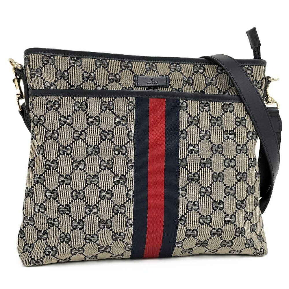 Gucci Shoulder Bag GG Canvas Leather Gray Navy