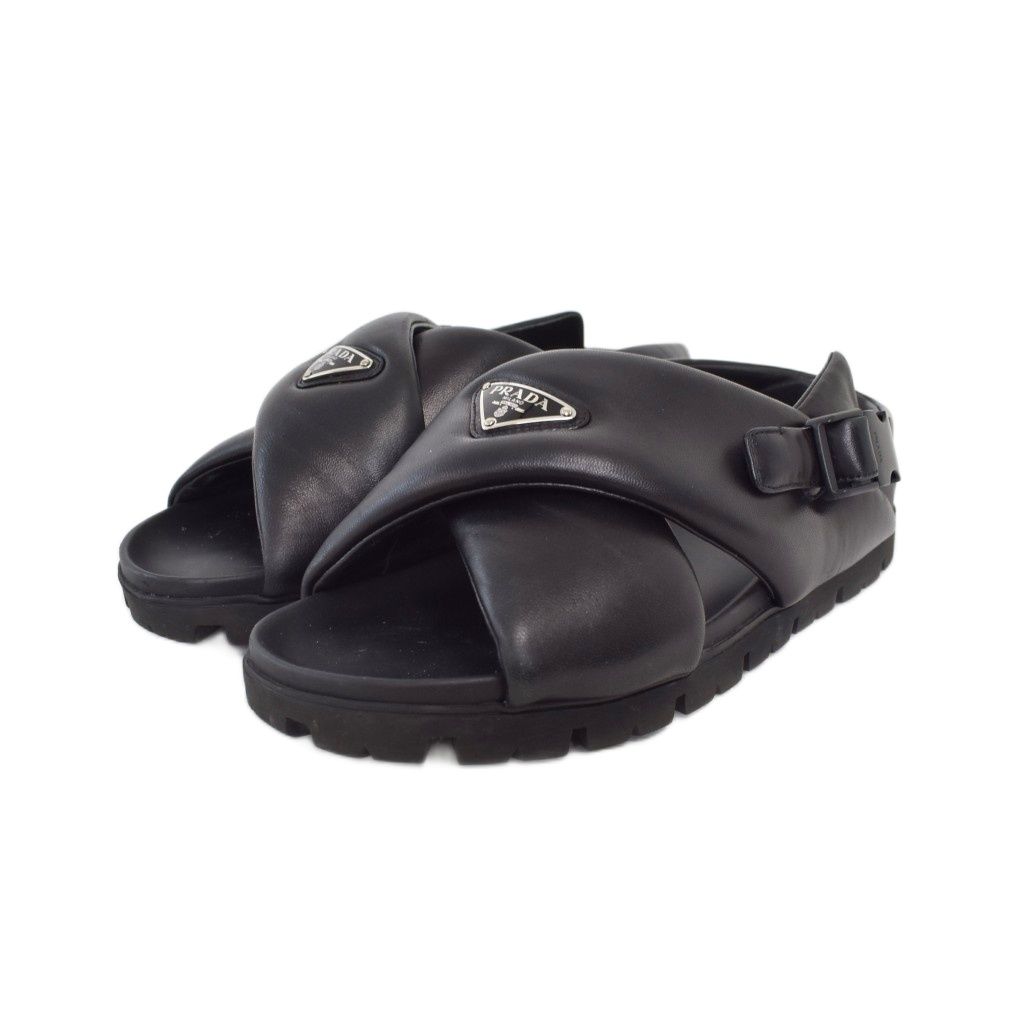Prada Monolith Triangle Logo Patted Nappa Leather Criss Cross Shoes Sandals 7