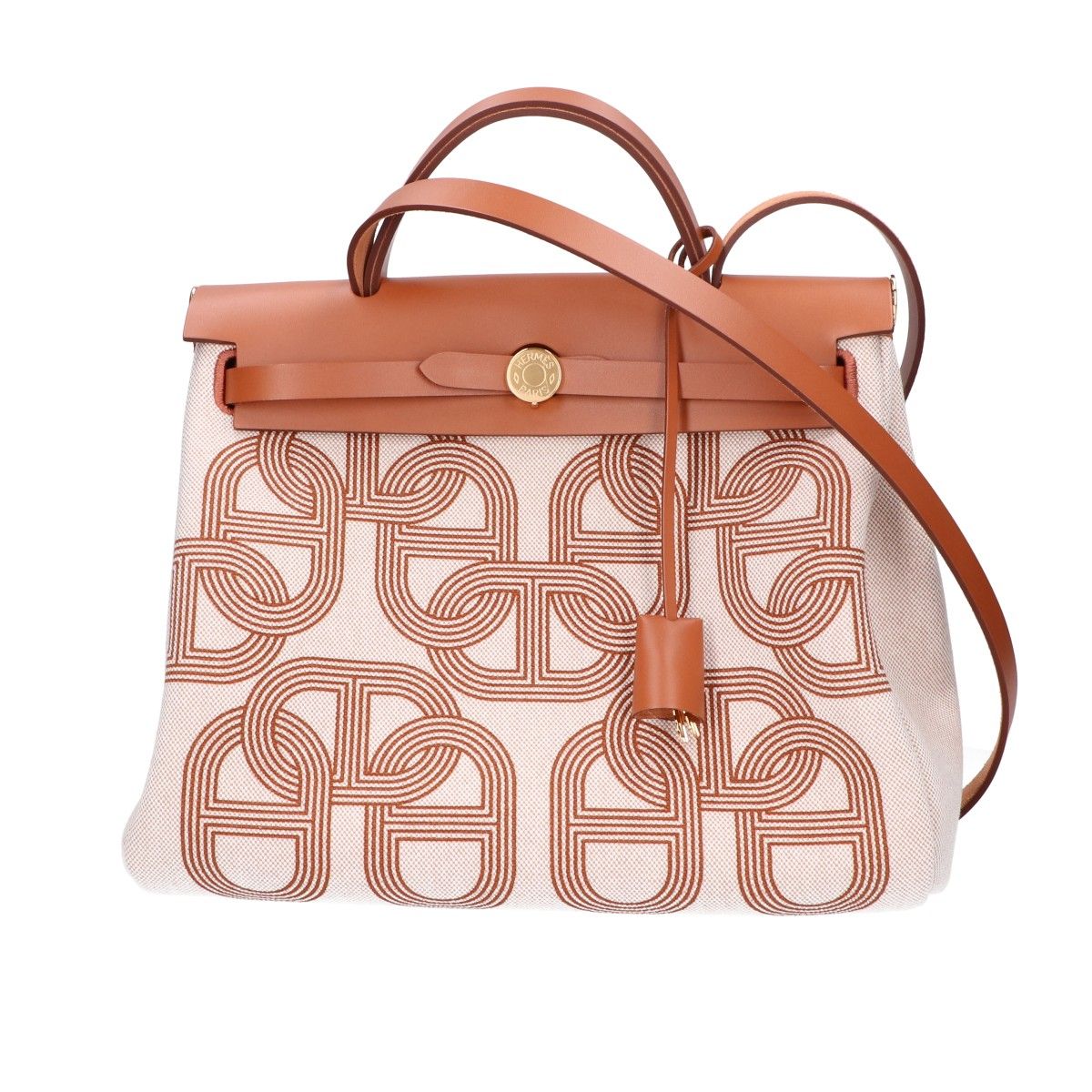 Hermes Herbag Zip PM le Tourne Chaine D'ancre Pattern Fauve Vache Hunter Toile