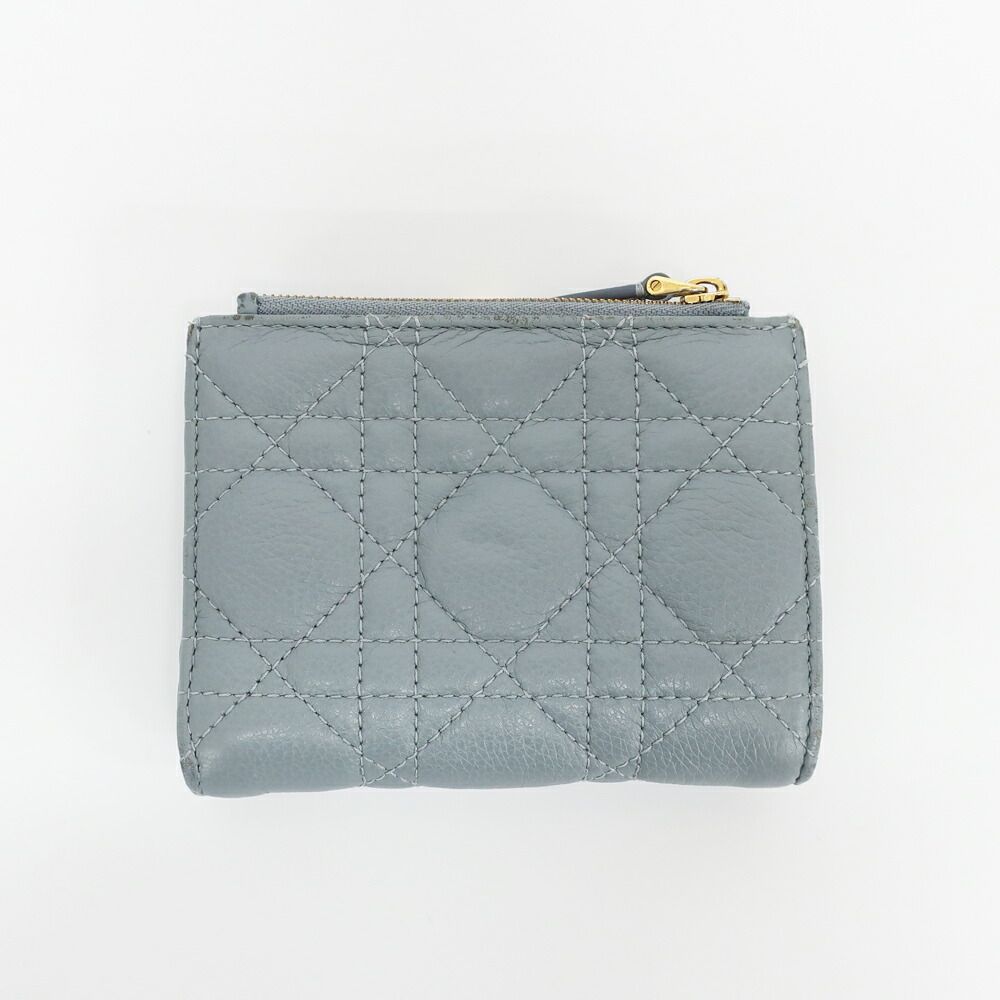 Dior Ten Caro Dahlia Wallet Bifold Cannage Blue Gold Logo Leather Compact — view 2