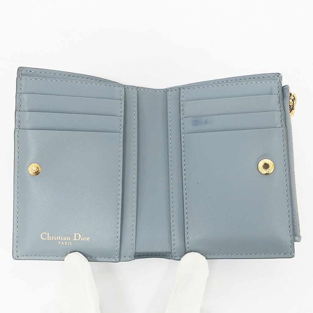 Dior Ten Caro Dahlia Wallet Bifold Cannage Blue Gold Logo Leather Compact — view 6