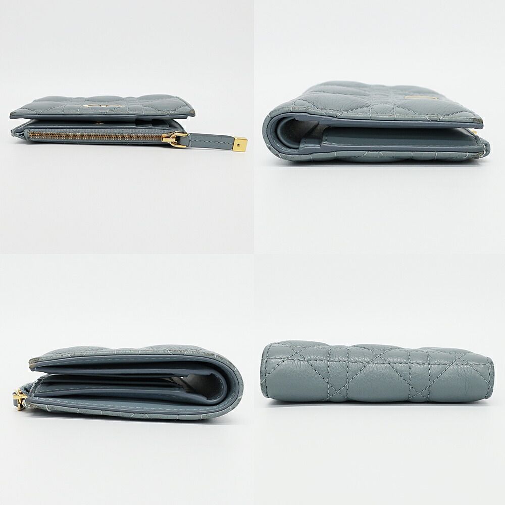 Dior Ten Caro Dahlia Wallet Bifold Cannage Blue Gold Logo Leather Compact — view 3