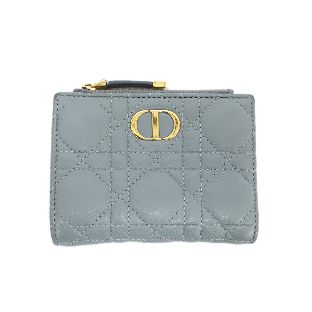 Dior Ten Caro Dahlia Wallet Bifold Cannage Blue Gold Logo Leather Compact