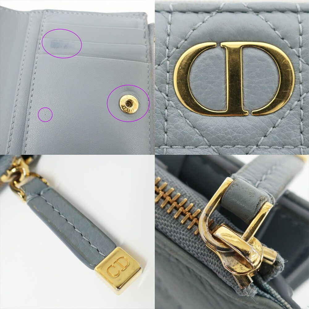 Dior Ten Caro Dahlia Wallet Bifold Cannage Blue Gold Logo Leather Compact — view 8