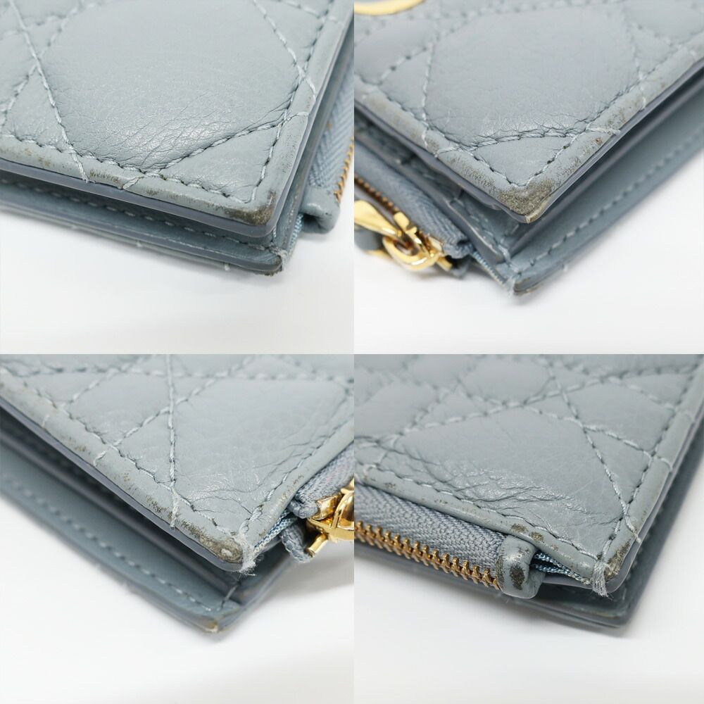 Dior Ten Caro Dahlia Wallet Bifold Cannage Blue Gold Logo Leather Compact — view 5