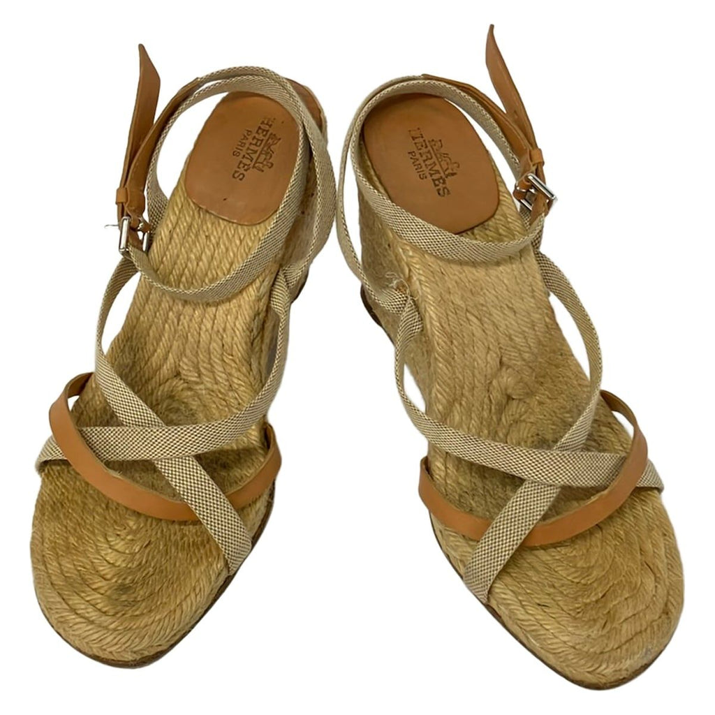 Hermes Sandals 38 Brown Beige Wedge Sole Espadrilles Leather — view 2