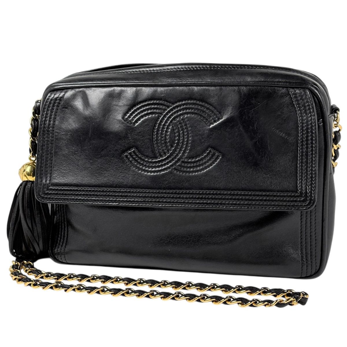Chanel CC Logo Fringe Chain Shoulder Bag Tassel Leather Black