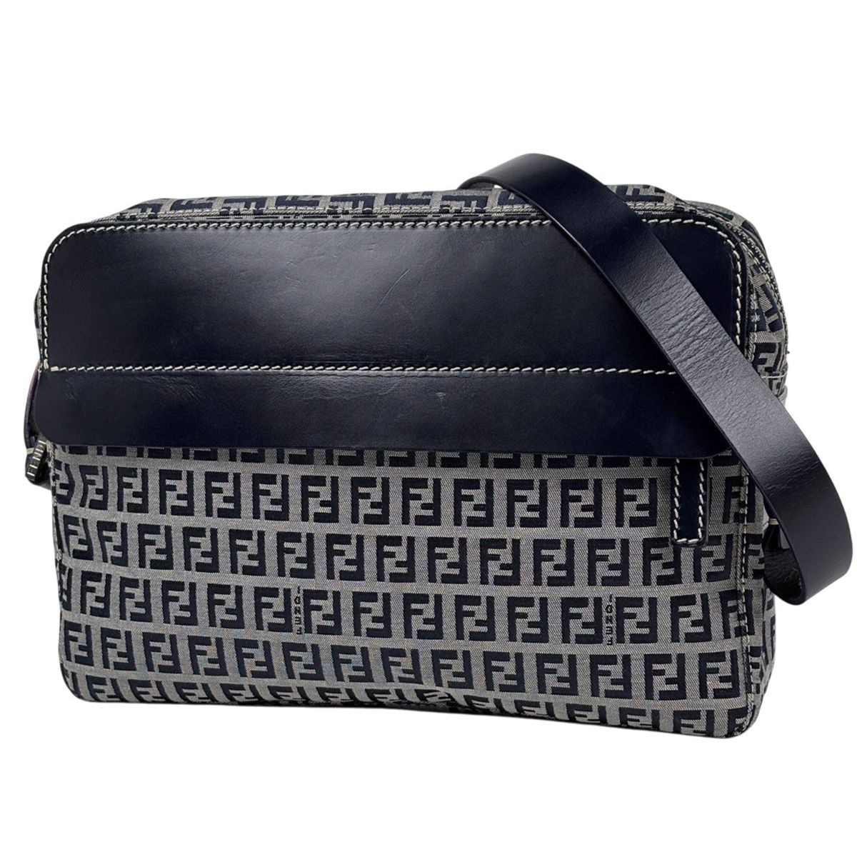 Fendi Zucchino Pattern Shoulder Bag Canvas Navy