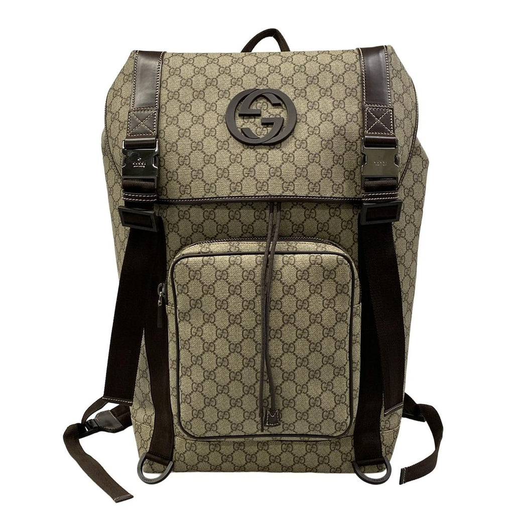 Gucci Backpack GG Plus Supreme Interlocking Dark Brown Beige Leather