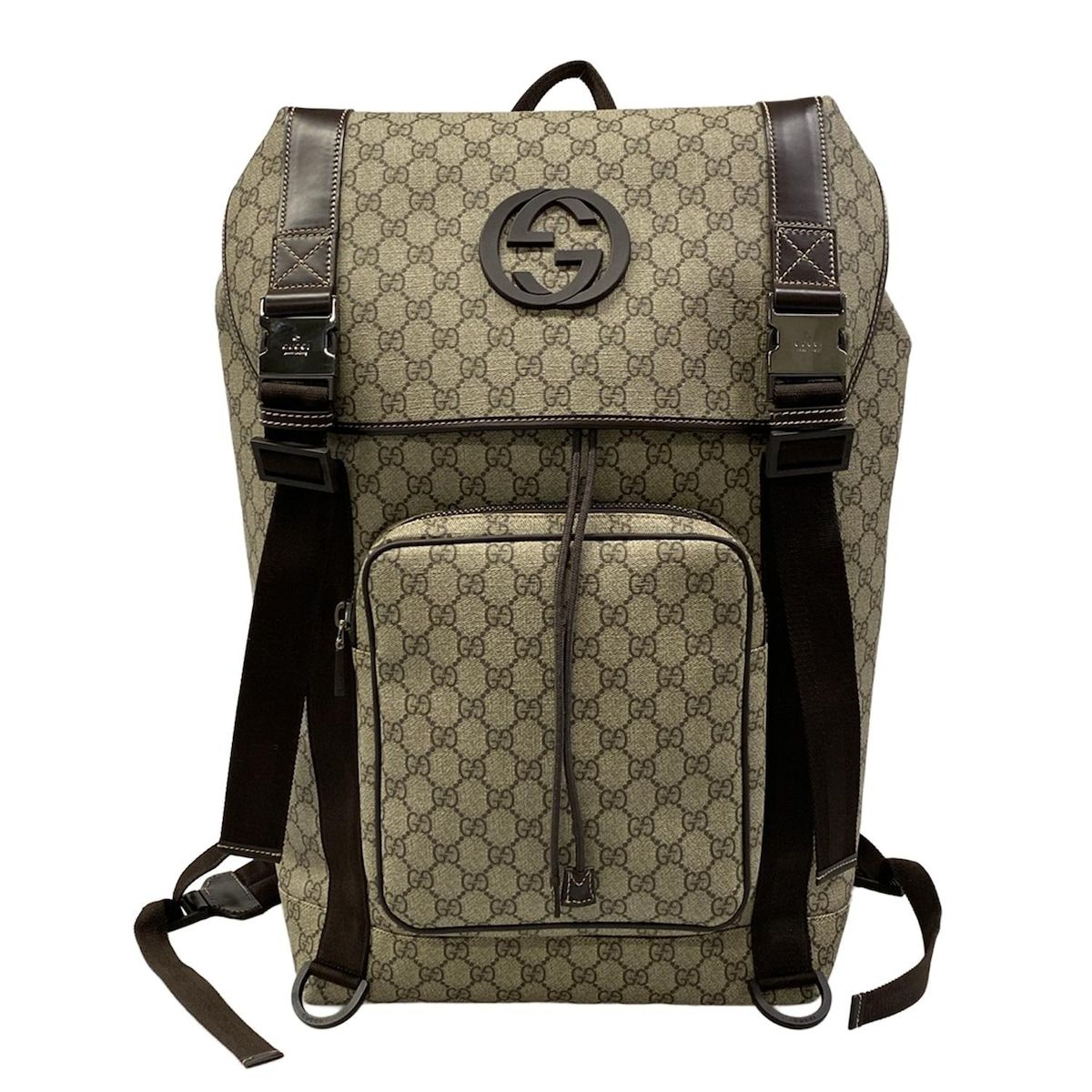 Gucci Backpack GG Plus Supreme Interlocking Dark Brown Beige Leather