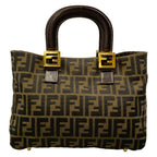 Fendi Tote Zucca Pattern Beige Black Dark Brown Leather